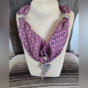 Statement Scarf Necklace w/ AB Crystal Lightning Bolt + Decorative Metal Accents